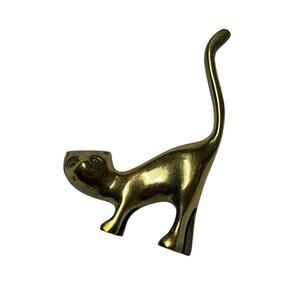 Vintage Solid Brass Cat Figurine Mid Century Modern Ring Holder